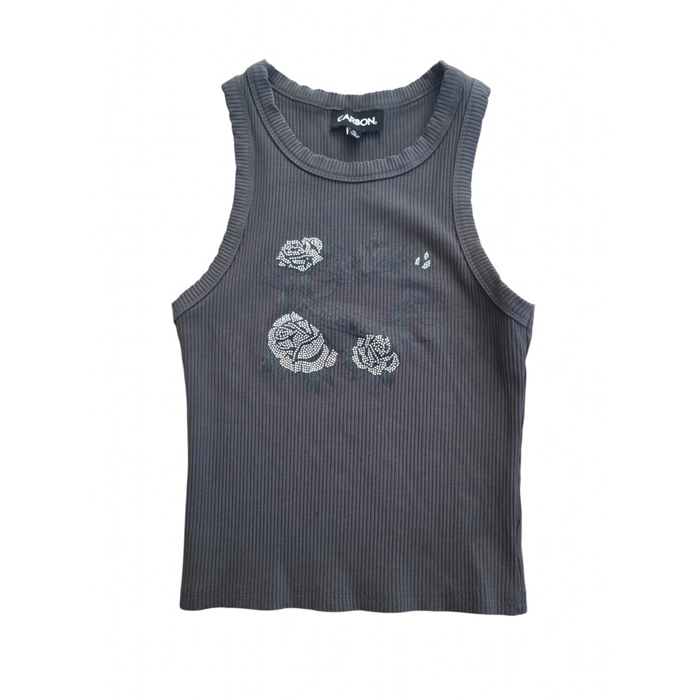 Carbon Women Gray Ribbed Tank Top Rhinestone Rose Forever Graphic Y2K Small